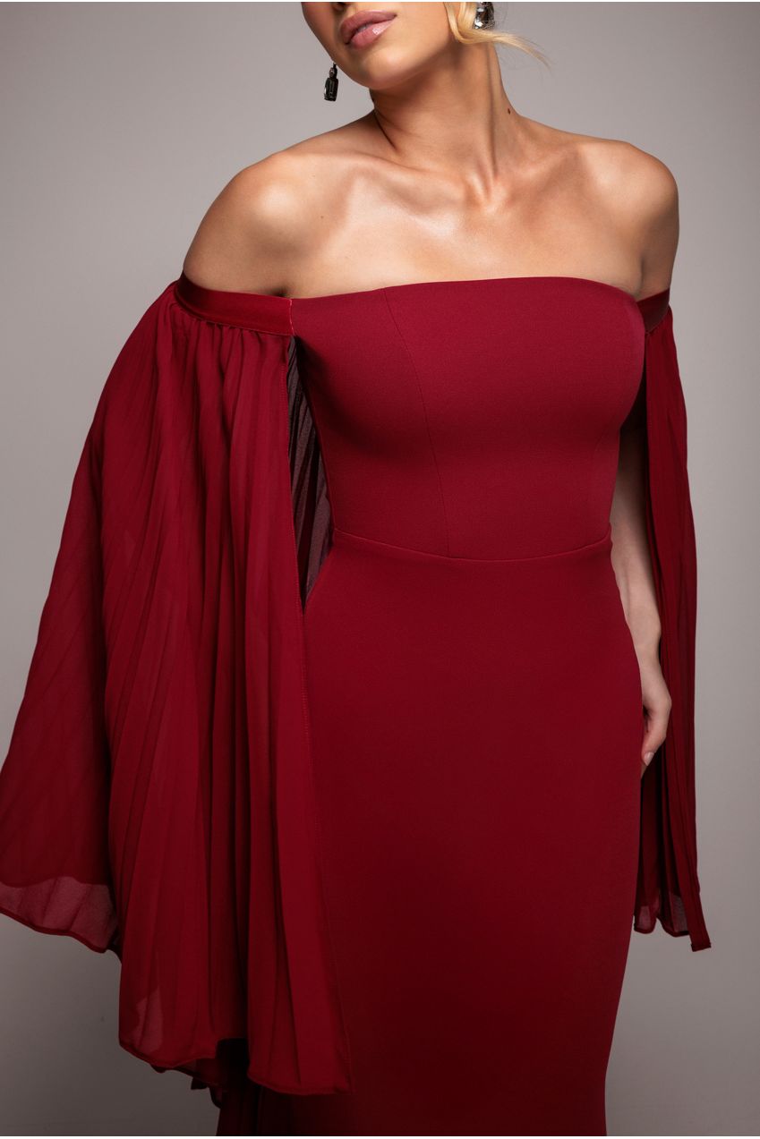Strapless Maxi Dress With Pleated Chiffon Cape - Burgundy DR4832