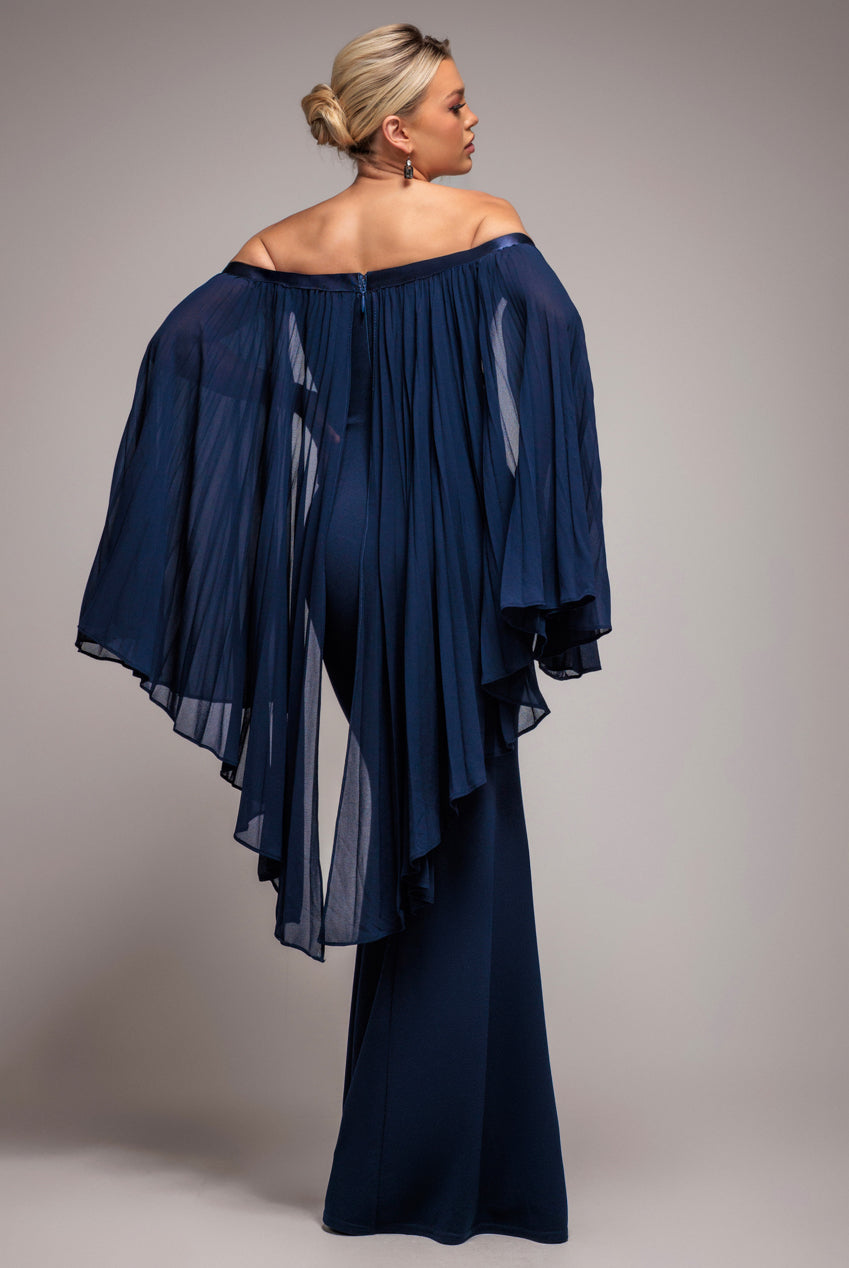Boob Tube Maxi Dress With Pleated Chiffon Cape - Navy Blue DR4832