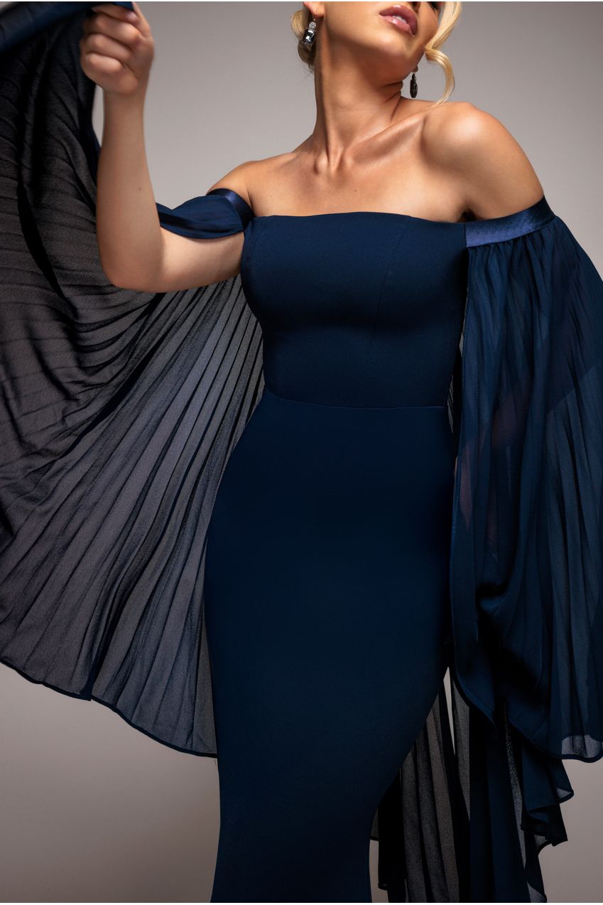 Strapless Maxi Dress With Pleated Chiffon Cape - Navy Blue DR4832