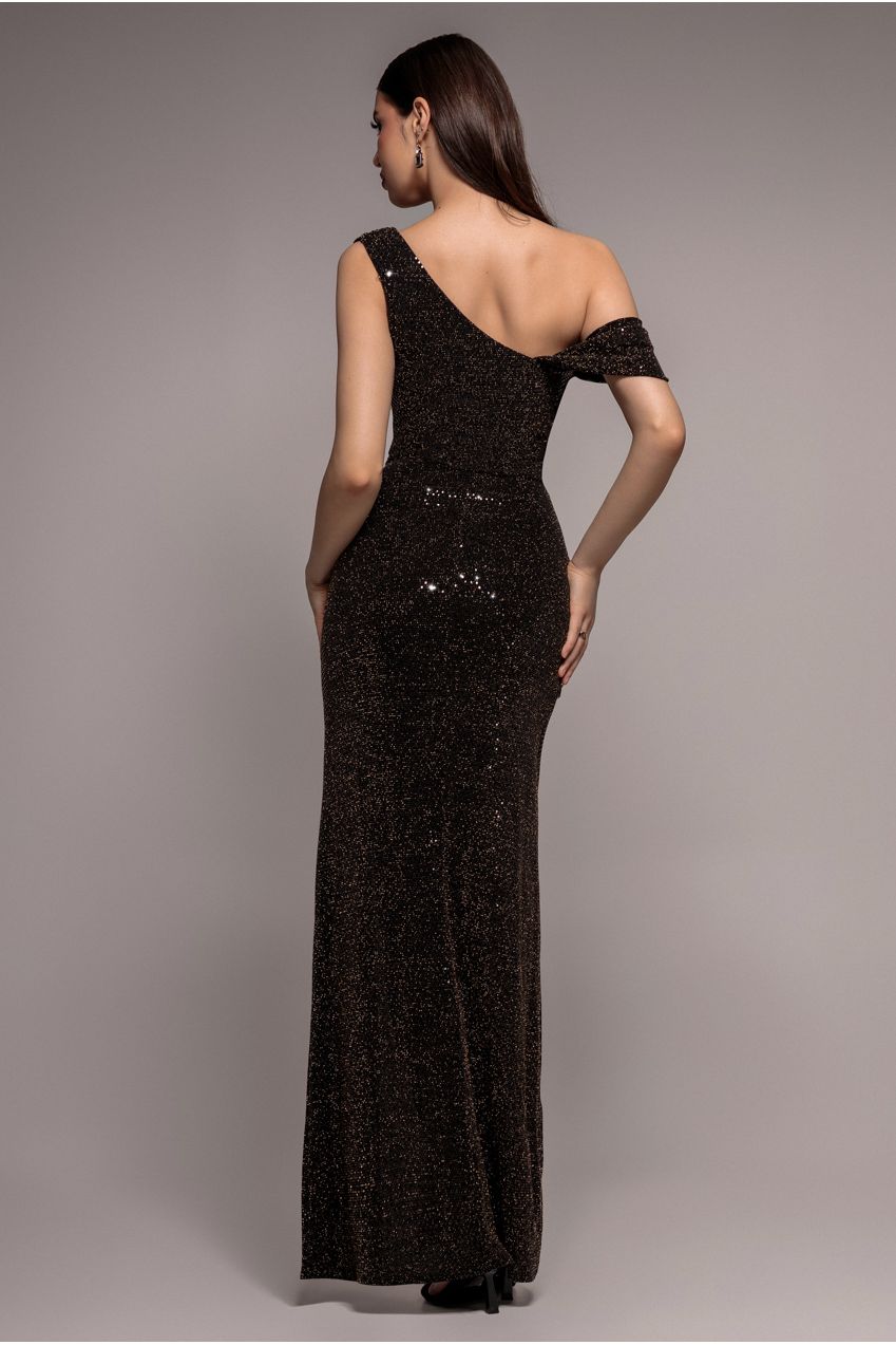 Cowl Neck Sequin Glitter Draped Maxi Dress - Black DR4837
