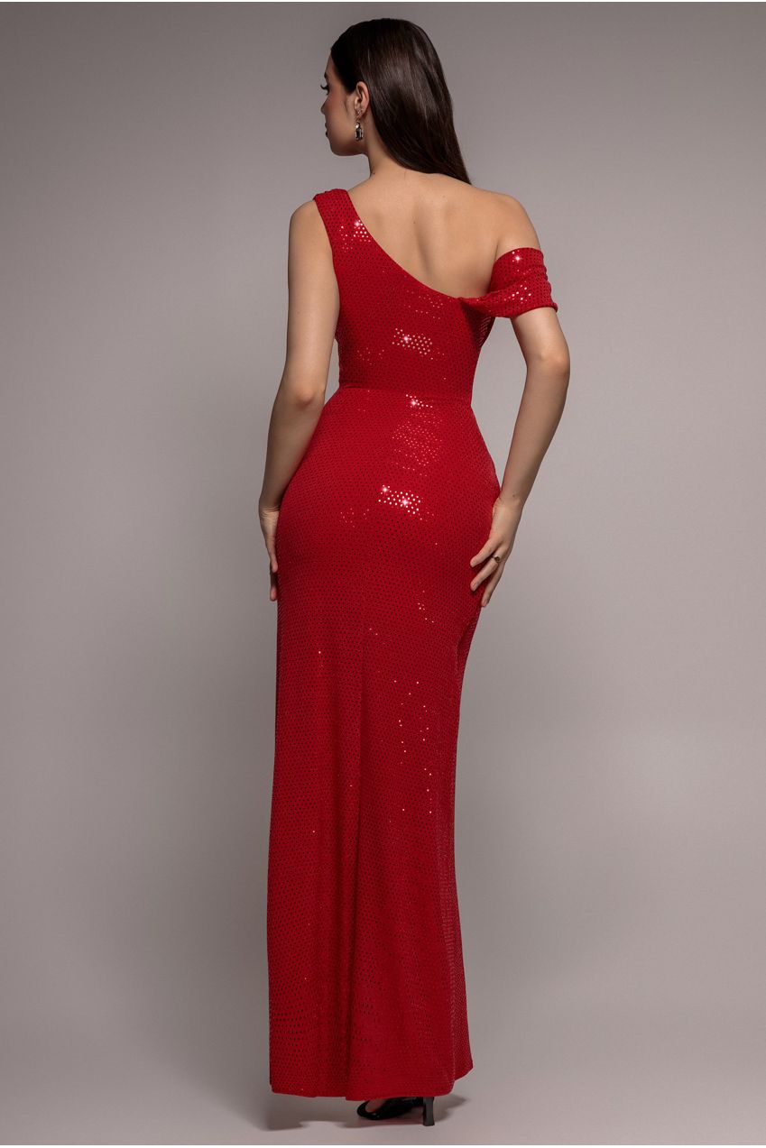 Cowl Neck Sequin Glitter Draped Maxi Dress - Red DR4837