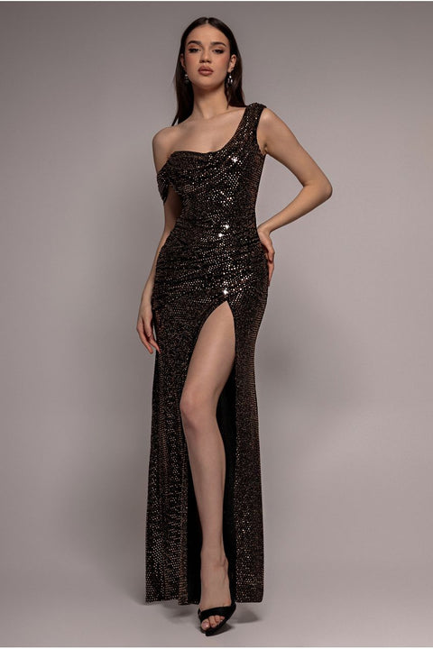 Cowl Neck Sequin Glitter Draped Maxi Dress - Rose Gold by Goddiva