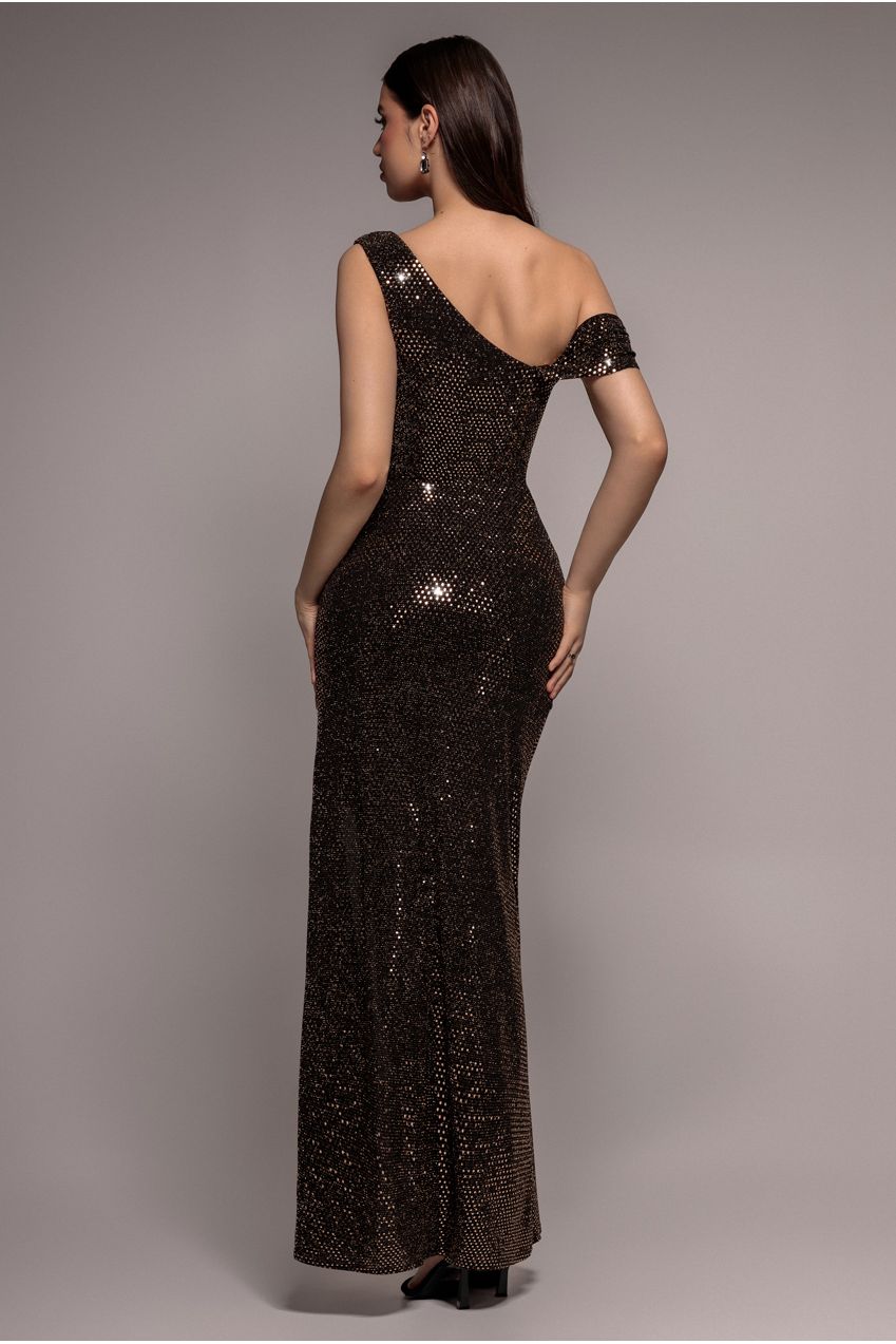 Cowl Neck Sequin Glitter Draped Maxi Dress - Rose Gold DR4837