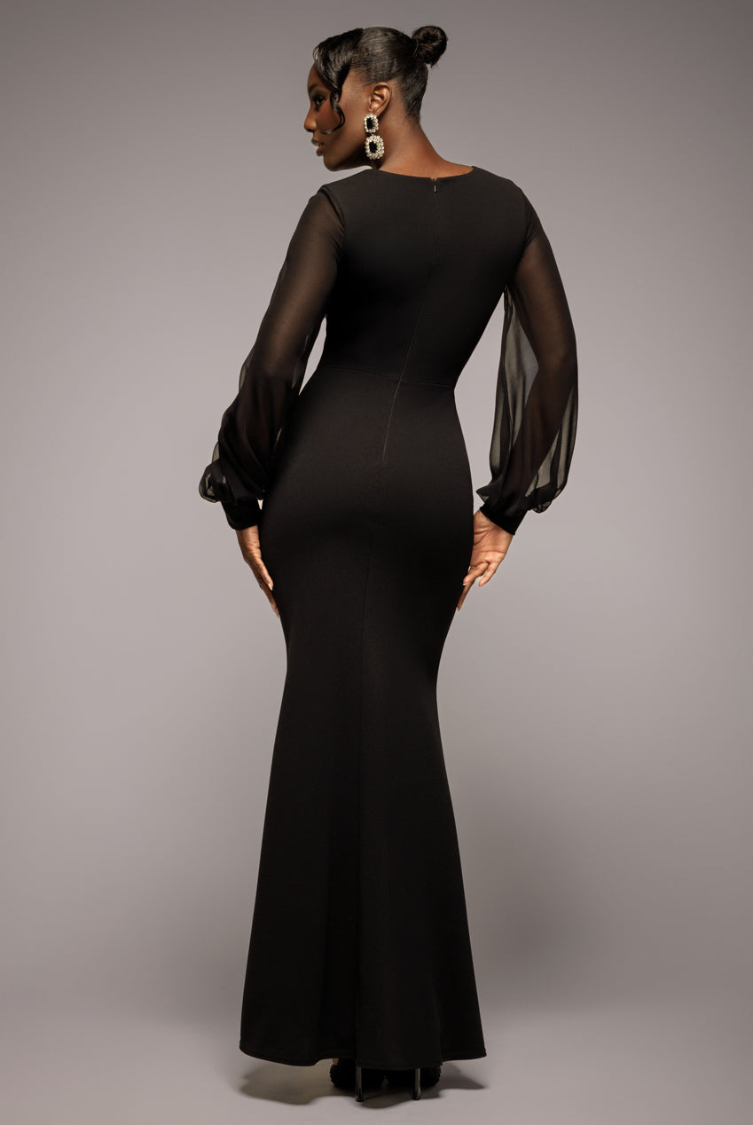 Chiffon Cuffed Balloon Sleeve Scuba Maxi Dress - Black DR4840