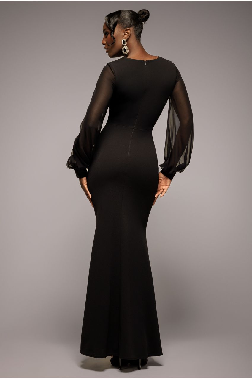 Chiffon Cuffed Balloon Sleeve Scuba Maxi Dress - Black DR4840