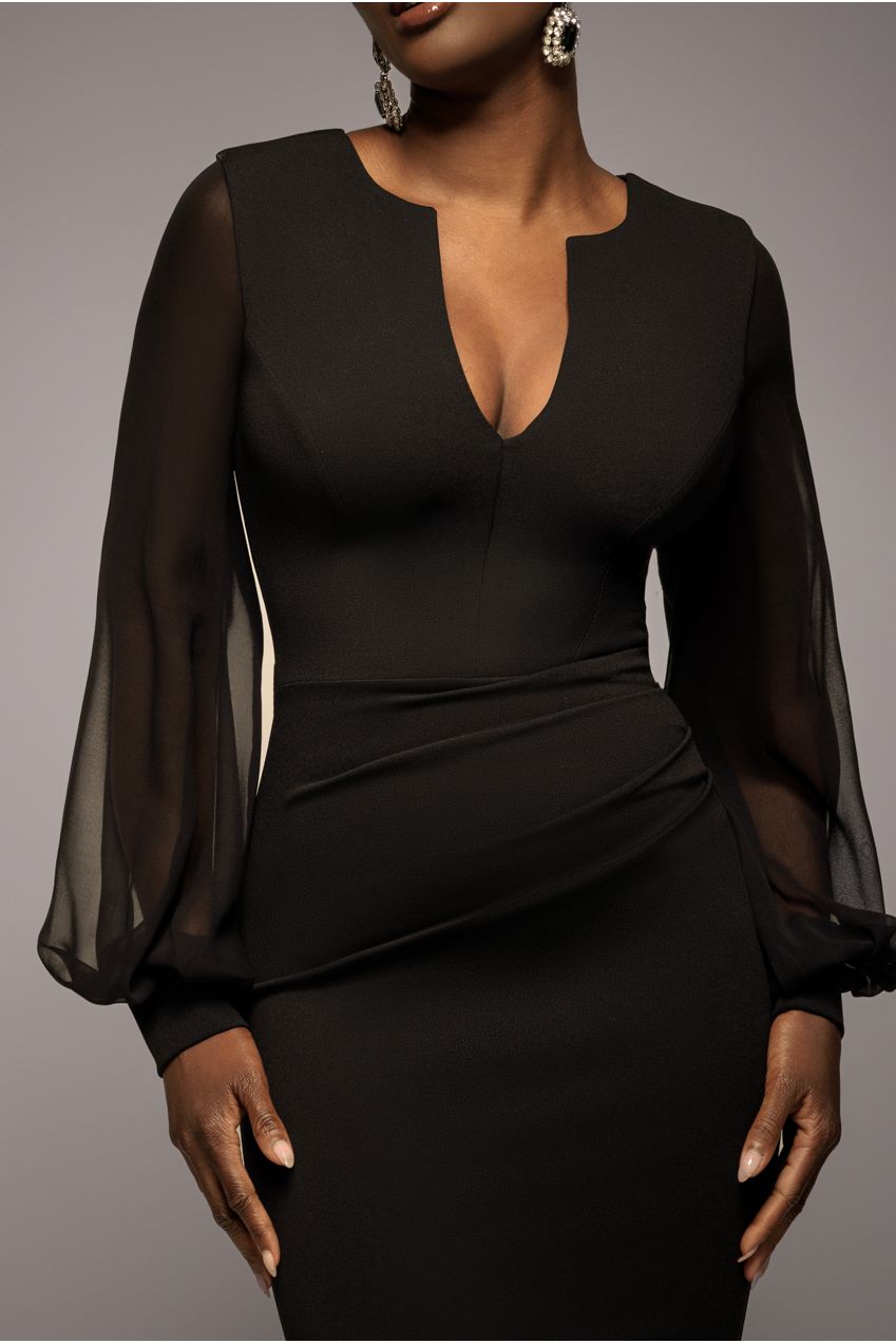 Chiffon Cuffed Balloon Sleeve Scuba Maxi Dress - Black DR4840