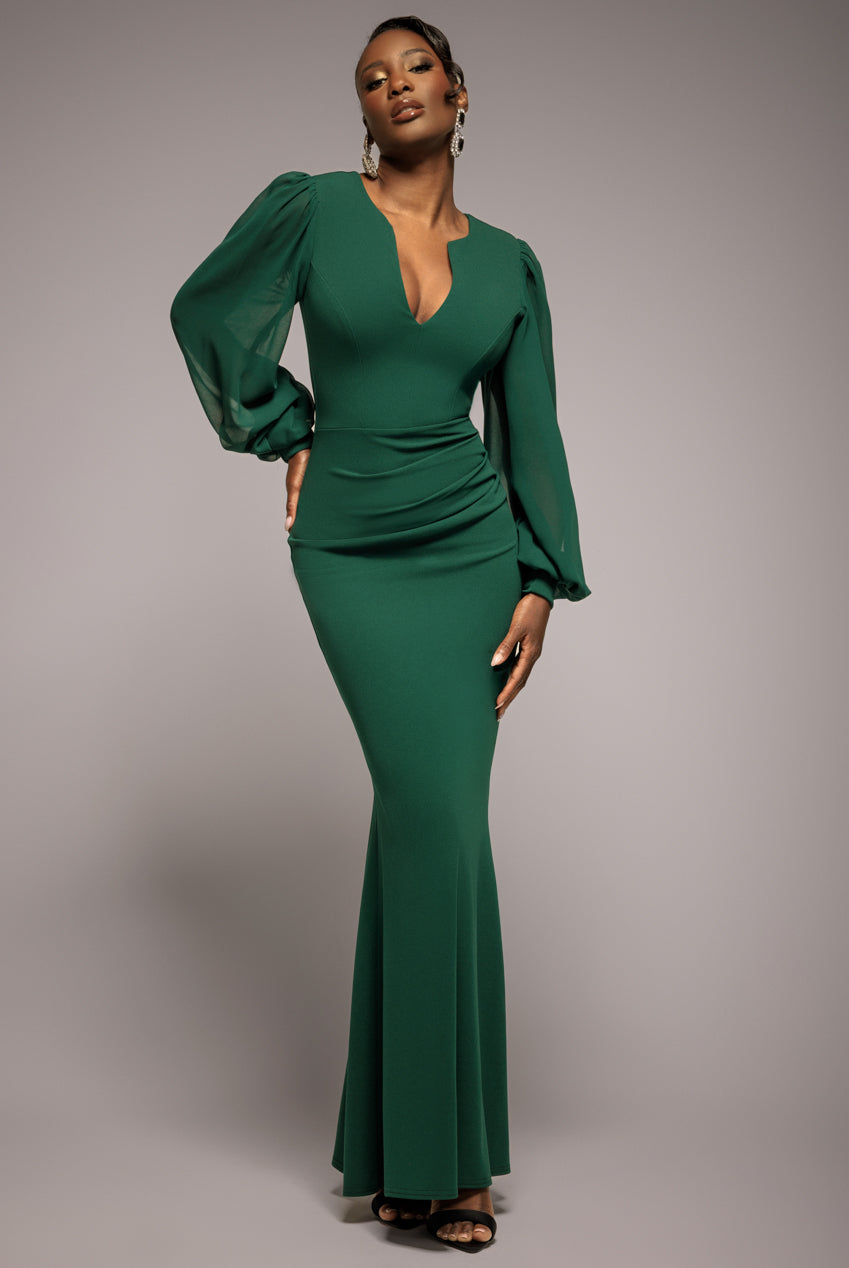 Chiffon Cuffed Balloon Sleeve Scuba Maxi Dress - Emerald Green DR4840