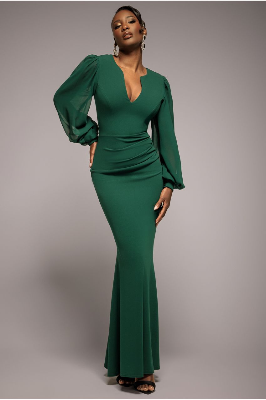 Chiffon Cuffed Balloon Sleeve Scuba Maxi Dress - Emerald Green DR4840