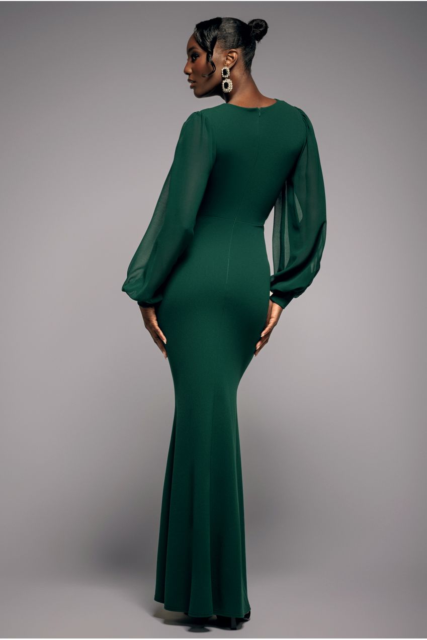 Chiffon Cuffed Balloon Sleeve Scuba Maxi Dress - Emerald Green DR4840