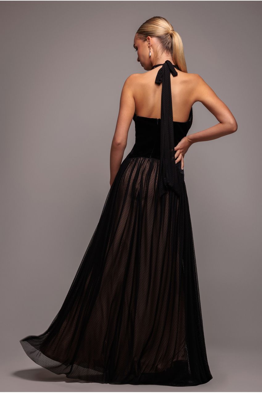 Velvet And Dobby Mesh A Line Halter Maxi Dress - Black DR4842
