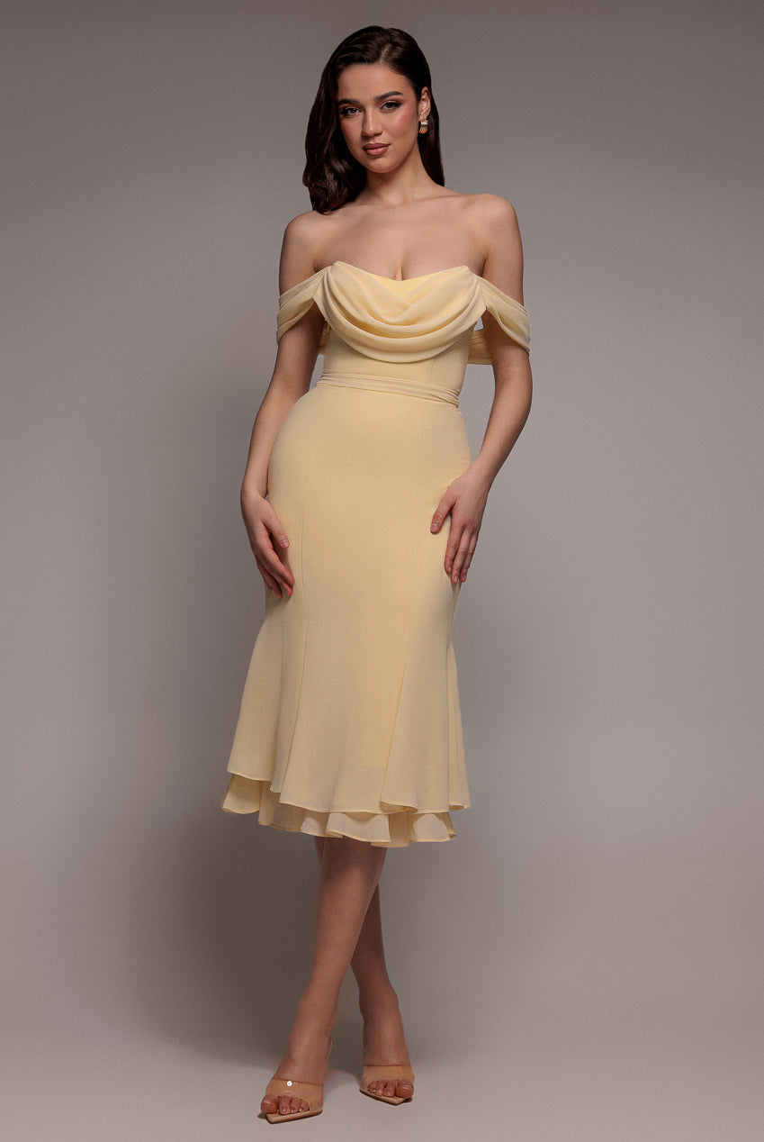 Chiffon Cowl Off Shoulder Wing Tiered Midi Dress - Butter Yellow DR4843