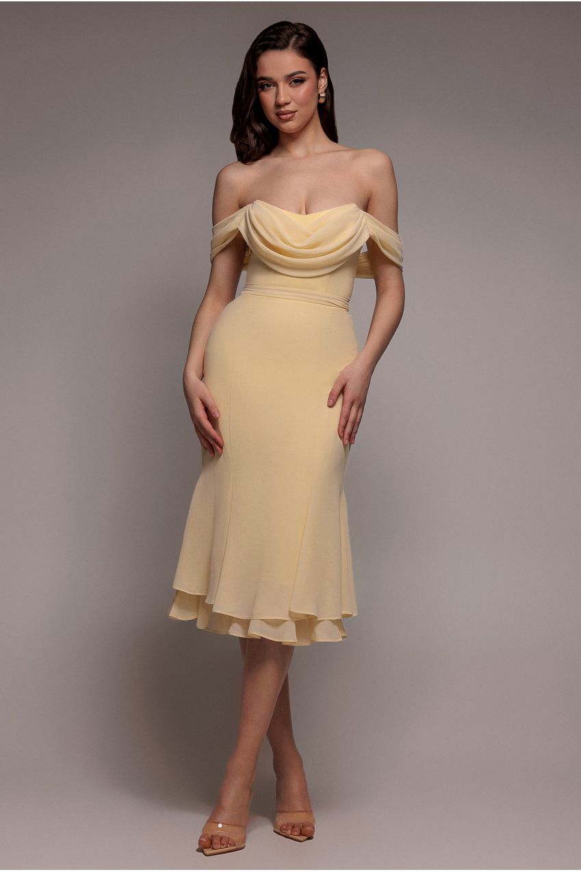 Chiffon Cowl Off Shoulder Wing Tiered Midi Dress - Butter Yellow DR4843