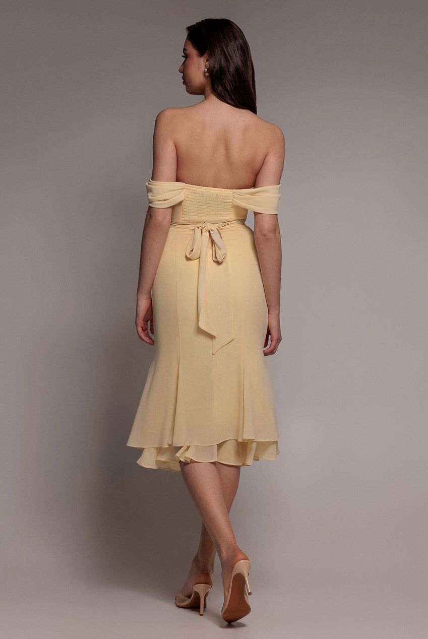 Chiffon Cowl Off Shoulder Wing Tiered Midi Dress - Butter Yellow DR4843