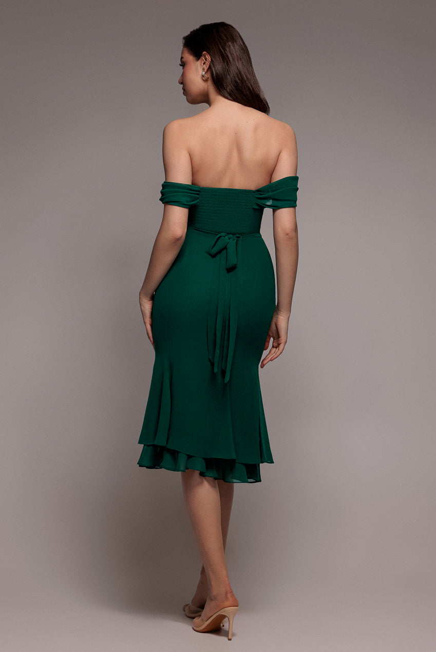 Chiffon Cowl Off Shoulder Wing Tiered Midi Dress - Emerald Green DR4843