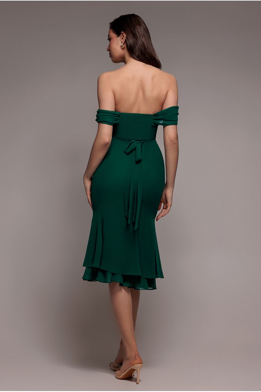 Chiffon Cowl Off Shoulder Wing Tiered Midi Dress - Emerald Green DR4843