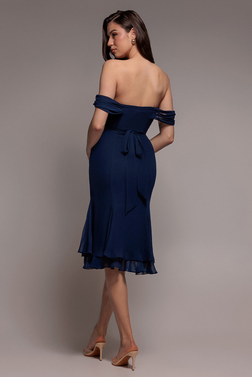 Chiffon Cowl Off Shoulder Wing Tiered Midi Dress - Navy Blue DR4843