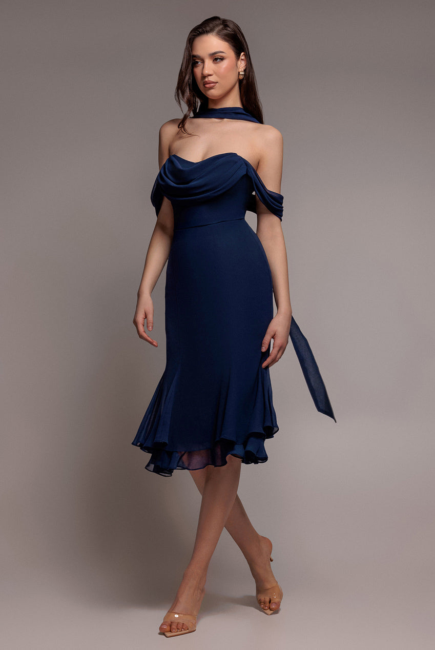 Chiffon Cowl Off Shoulder Wing Tiered Midi Dress - Navy Blue DR4843