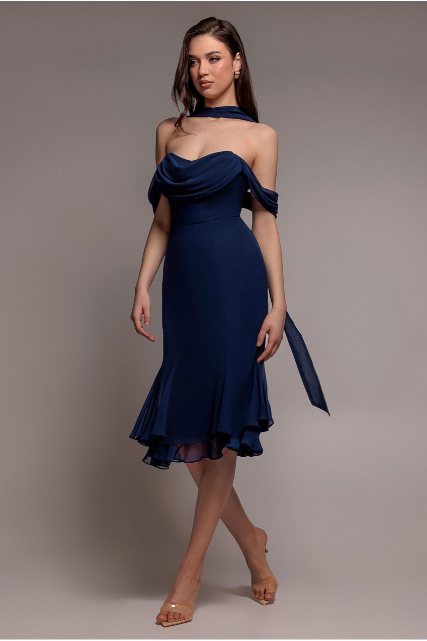 Chiffon Cowl Off Shoulder Wing Tiered Midi Dress - Navy Blue DR4843