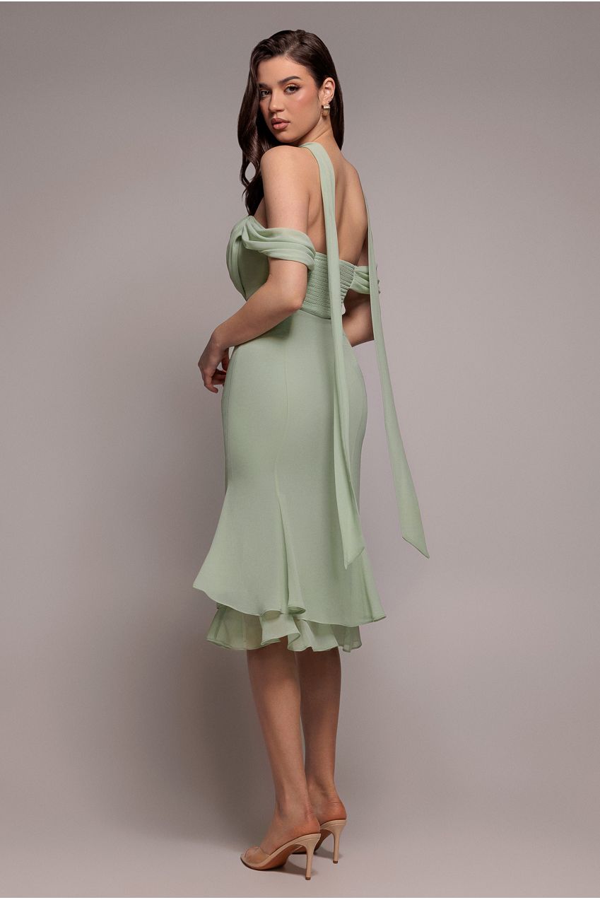 Chiffon Cowl Off Shoulder Wing Tiered Midi Dress - Sage Green DR4843