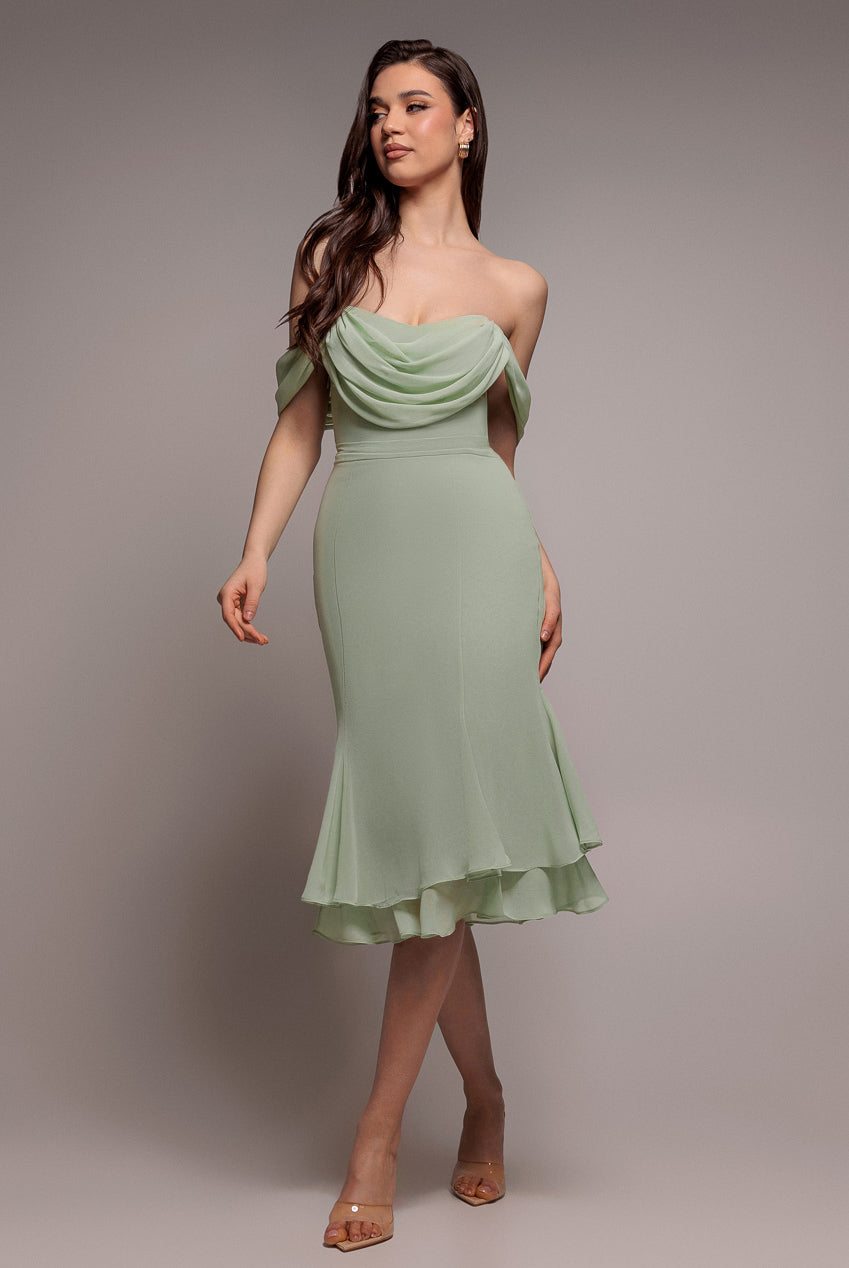 Chiffon Cowl Off Shoulder Wing Tiered Midi Dress - Sage Green DR4843