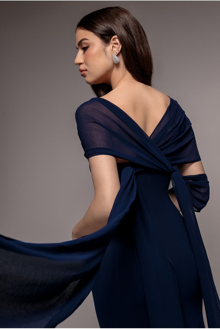 Multiway Cape Chiffon Sweetheart Maxi Dress - Navy Blue DR4848