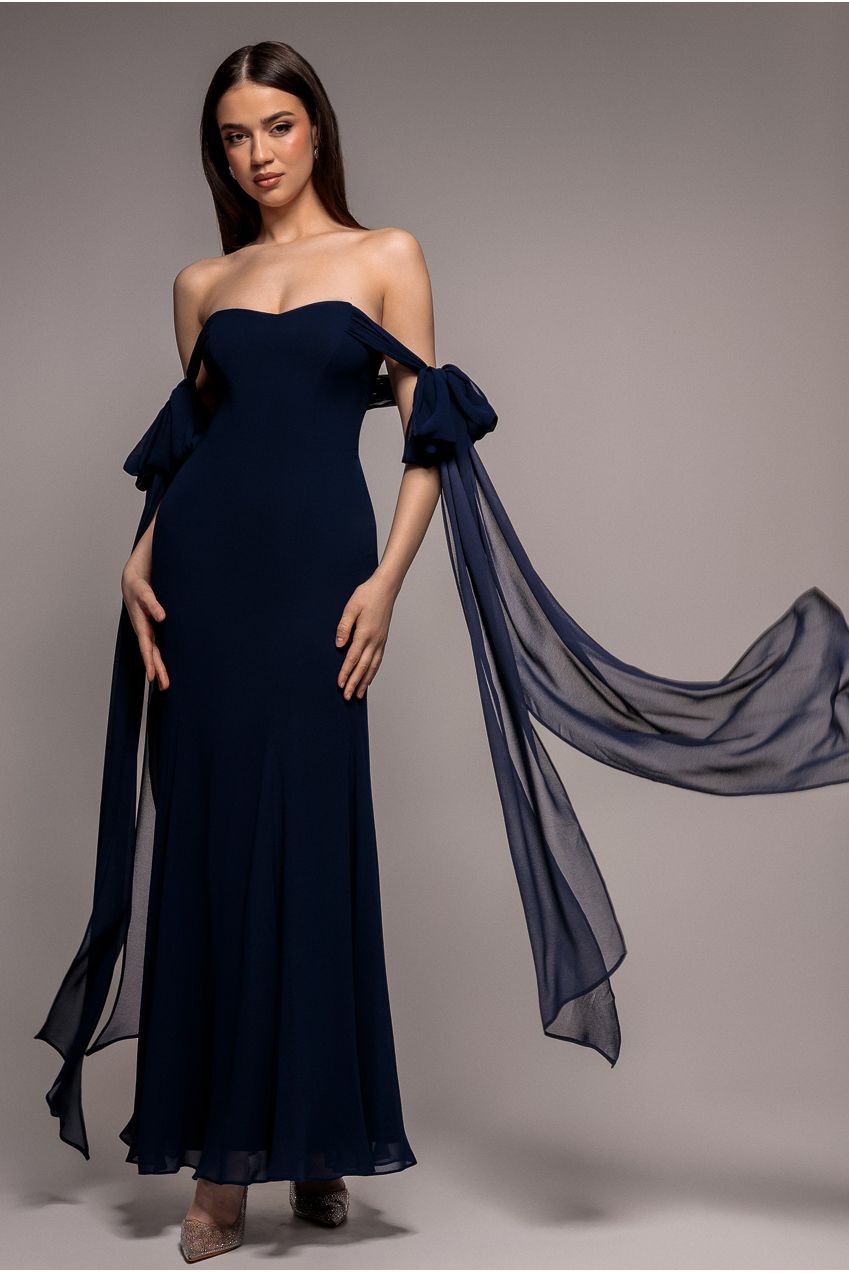 Multiway Cape Chiffon Sweetheart Maxi Dress - Navy Blue DR4848
