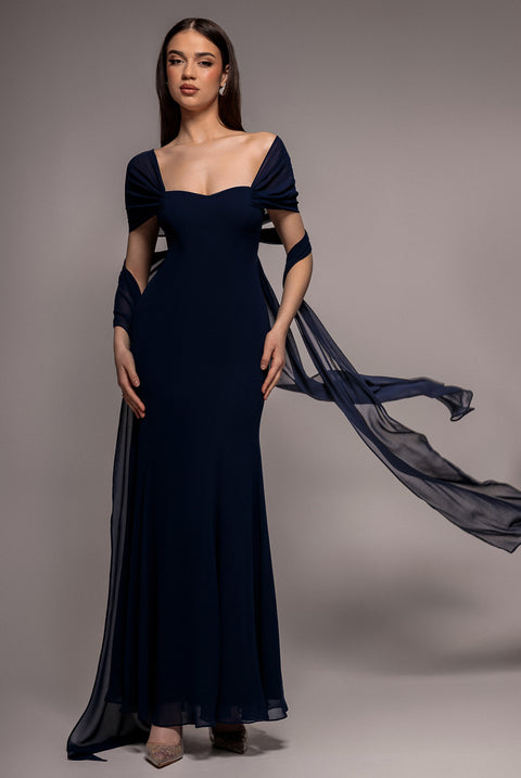Multiway Cape Chiffon Sweetheart Maxi Dress - Navy Blue by Goddiva