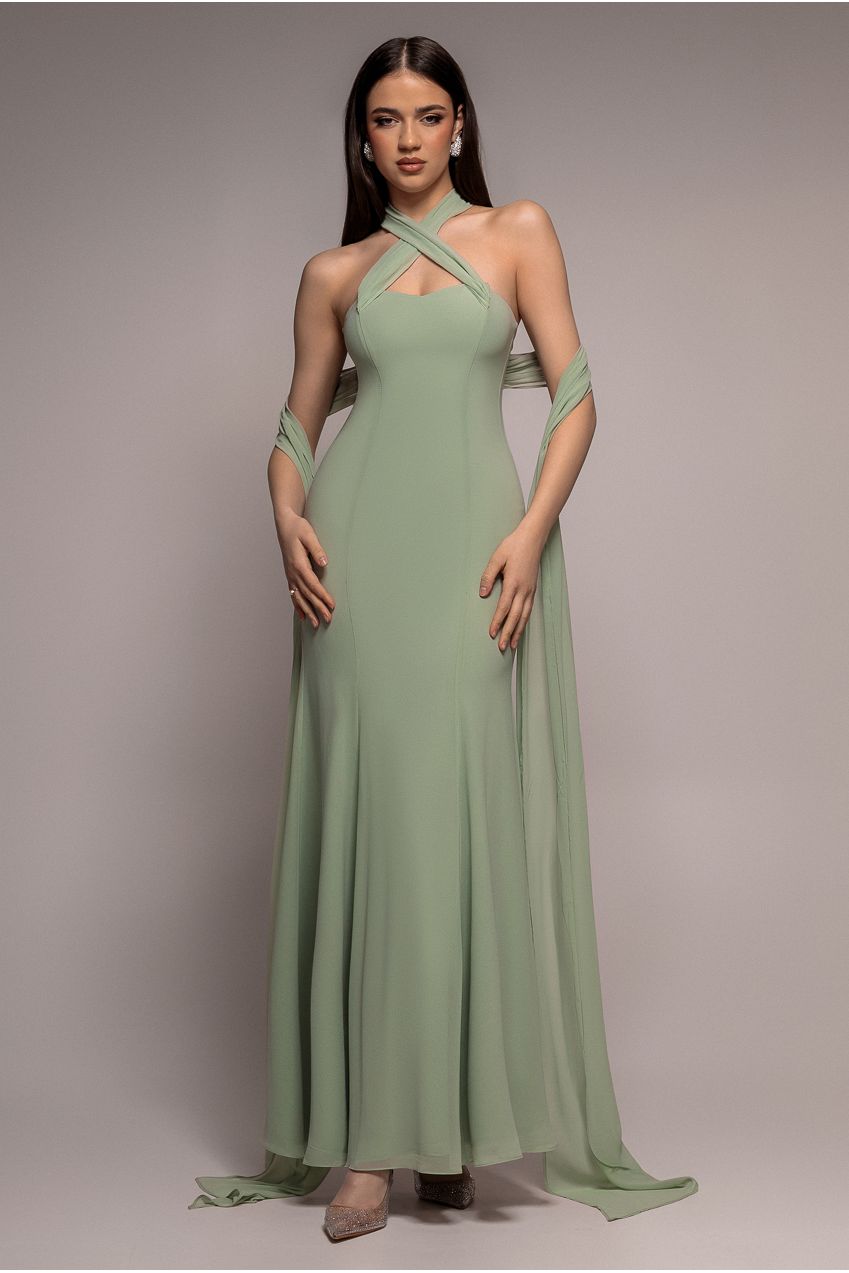 sage green multiway dress Multiway Cape Chiffon Sweetheart Maxi Dress - Sage Green