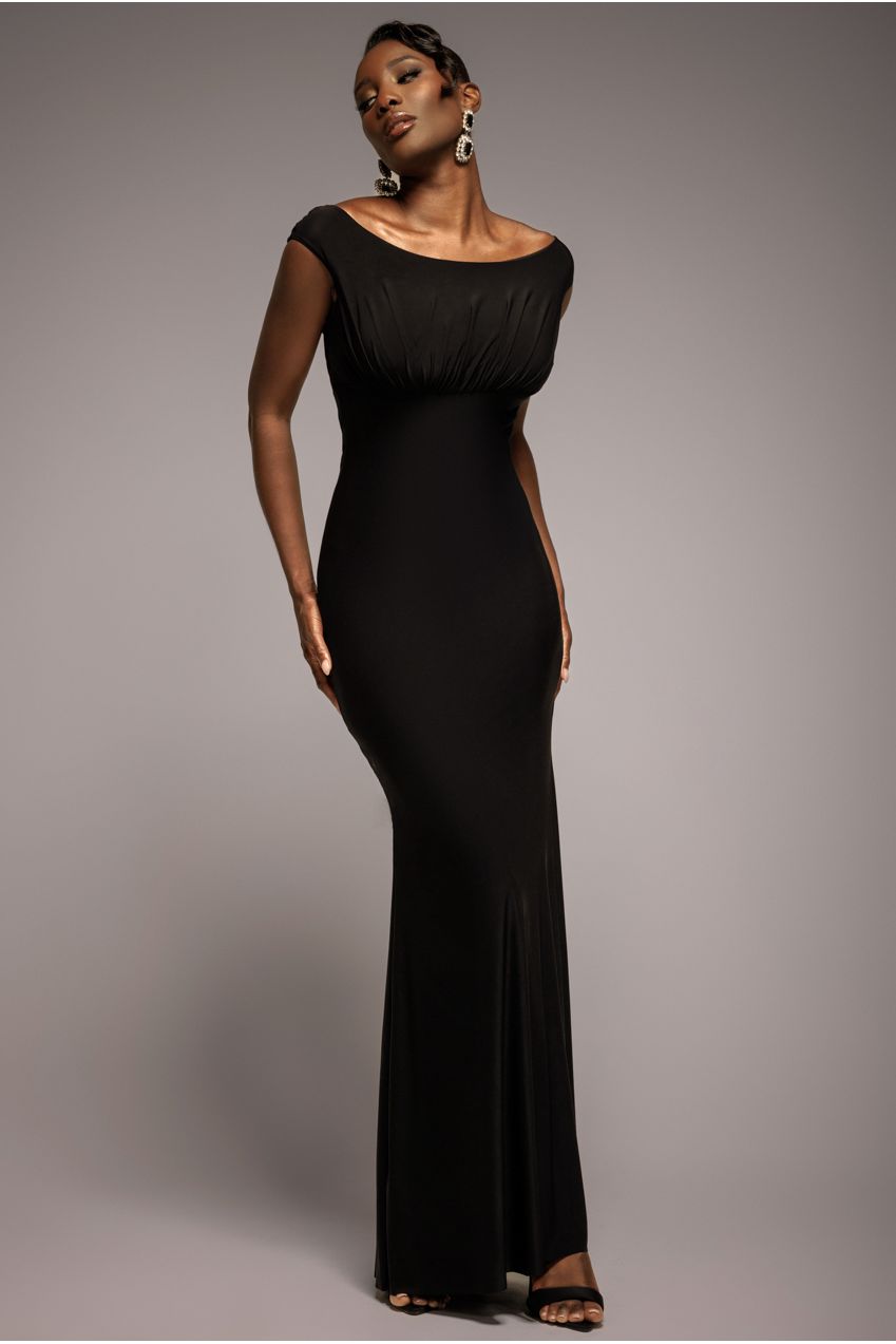 Open Back Cowl Neck Gathered Maxi Dress With Velvet Tie Back - Black DR4856