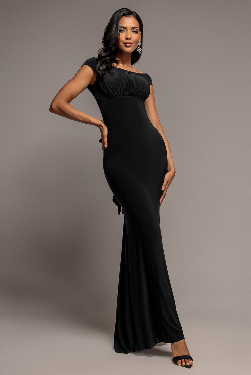 Open Back Cowl Neck Gathered Maxi Dress With Velvet Tie Back - Black DR4856