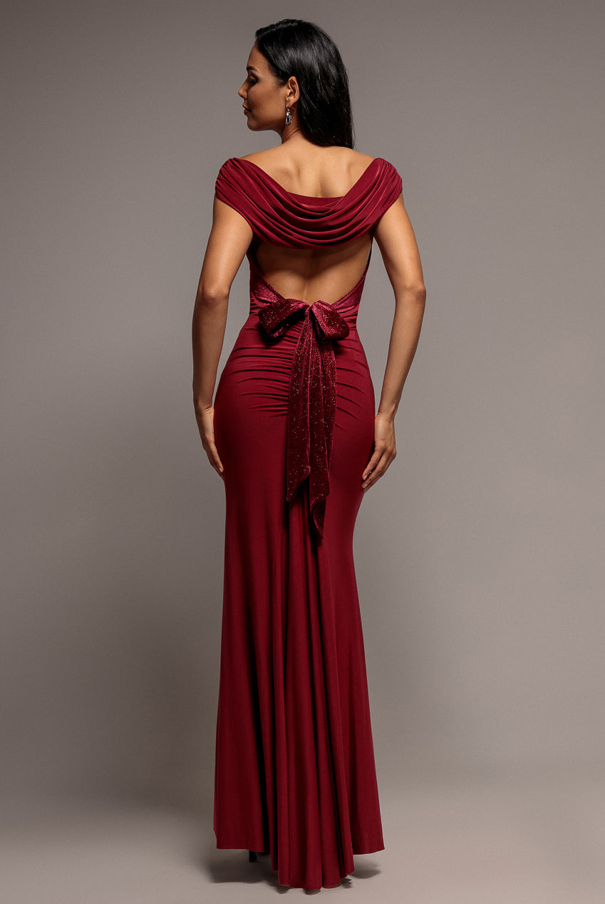 Open Back Cowl Neck Gathered Maxi Dress With Velvet Tie Back - Wine DR4856