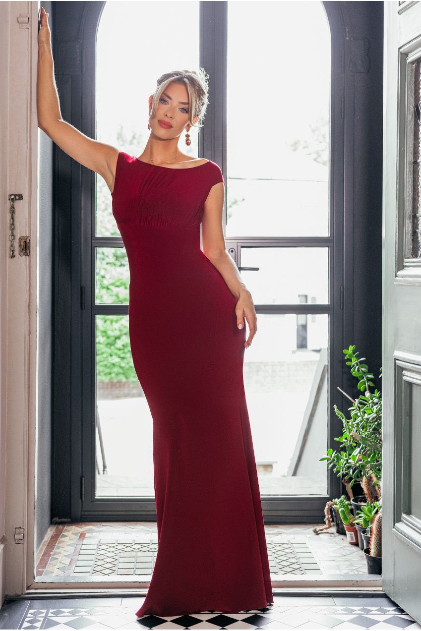 Open Back Cowl Neck Gathered Maxi Dress With Velvet Tie Back - Wine DR4856