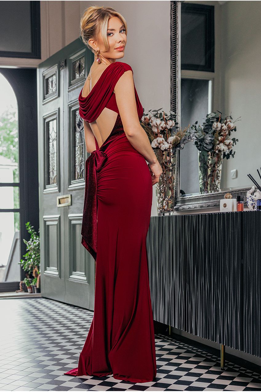Open Back Cowl Neck Gathered Maxi Dress With Velvet Tie Back - Wine DR4856