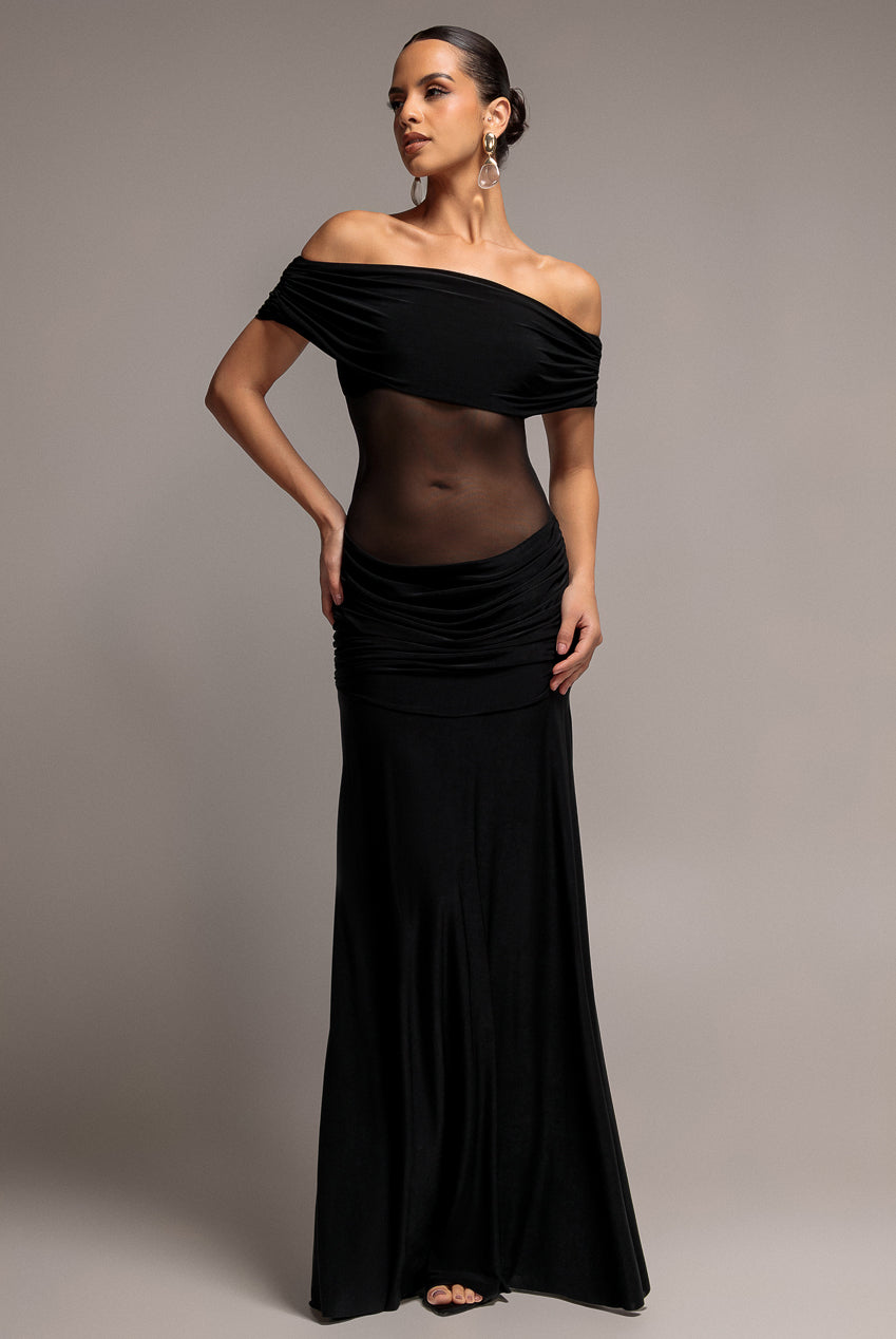 Gathered Off The Shoulder Mesh Waist Panel Maxi Dress - Black DR4857