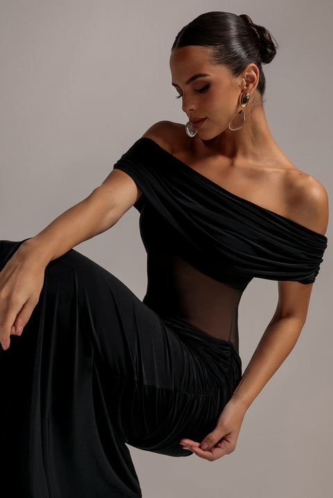 Gathered Off The Shoulder Mesh Waist Panel Maxi Dress - Black by Goddiva