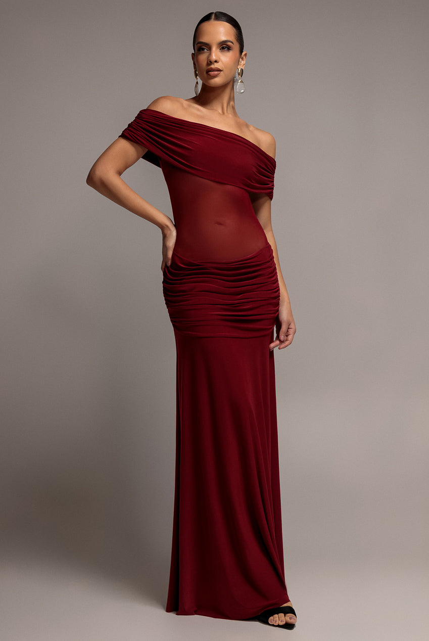 Gathered Off The Shoulder Mesh Waist Panel Maxi Dress - Wine DR4857