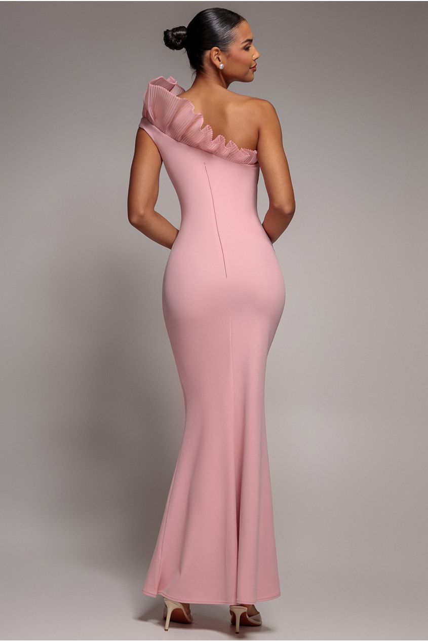 One Shoulder Organza Frill Pleated Mermaid Maxi Dress - Blush Pink DR4858