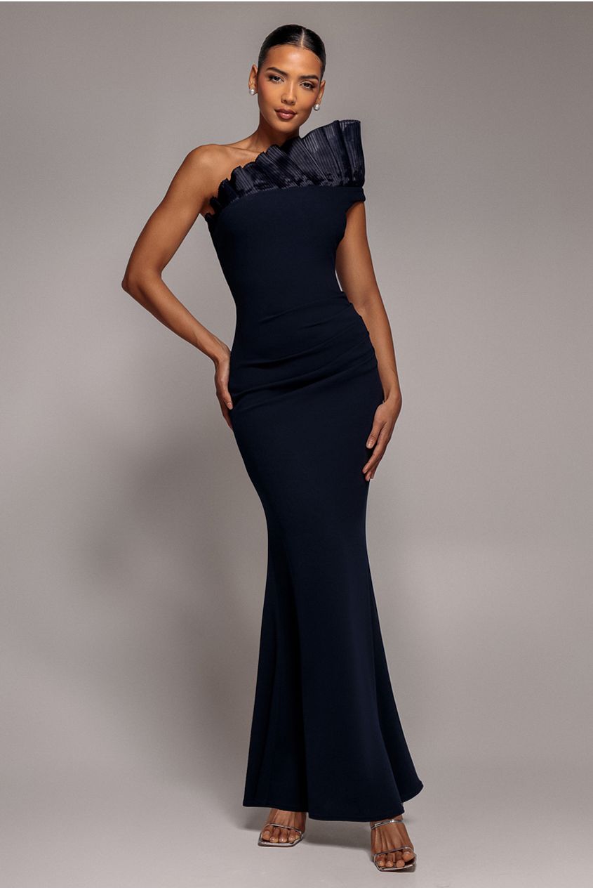 One Shoulder Organza Frill Pleated Mermaid Maxi Dress - Navy Blue DR4858
