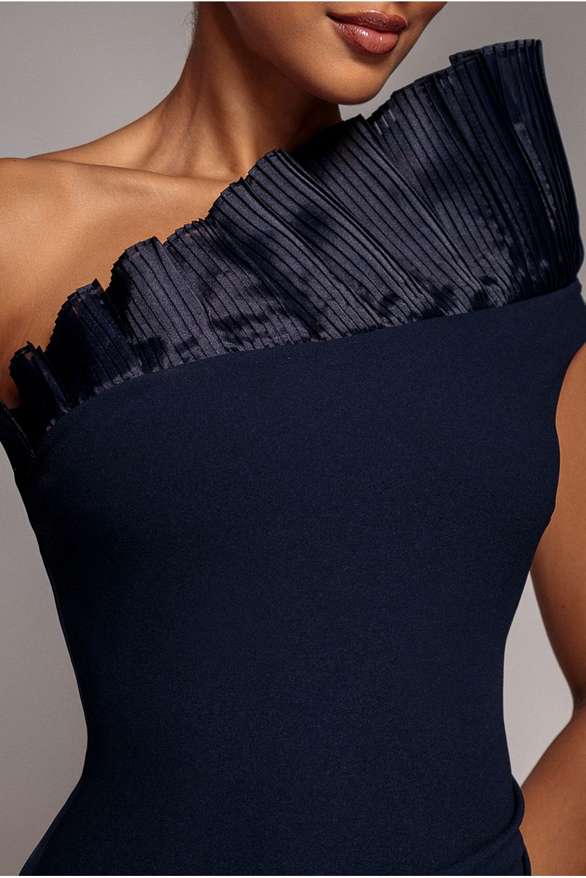 One Shoulder Organza Frill Pleated Mermaid Maxi Dress - Navy Blue DR4858