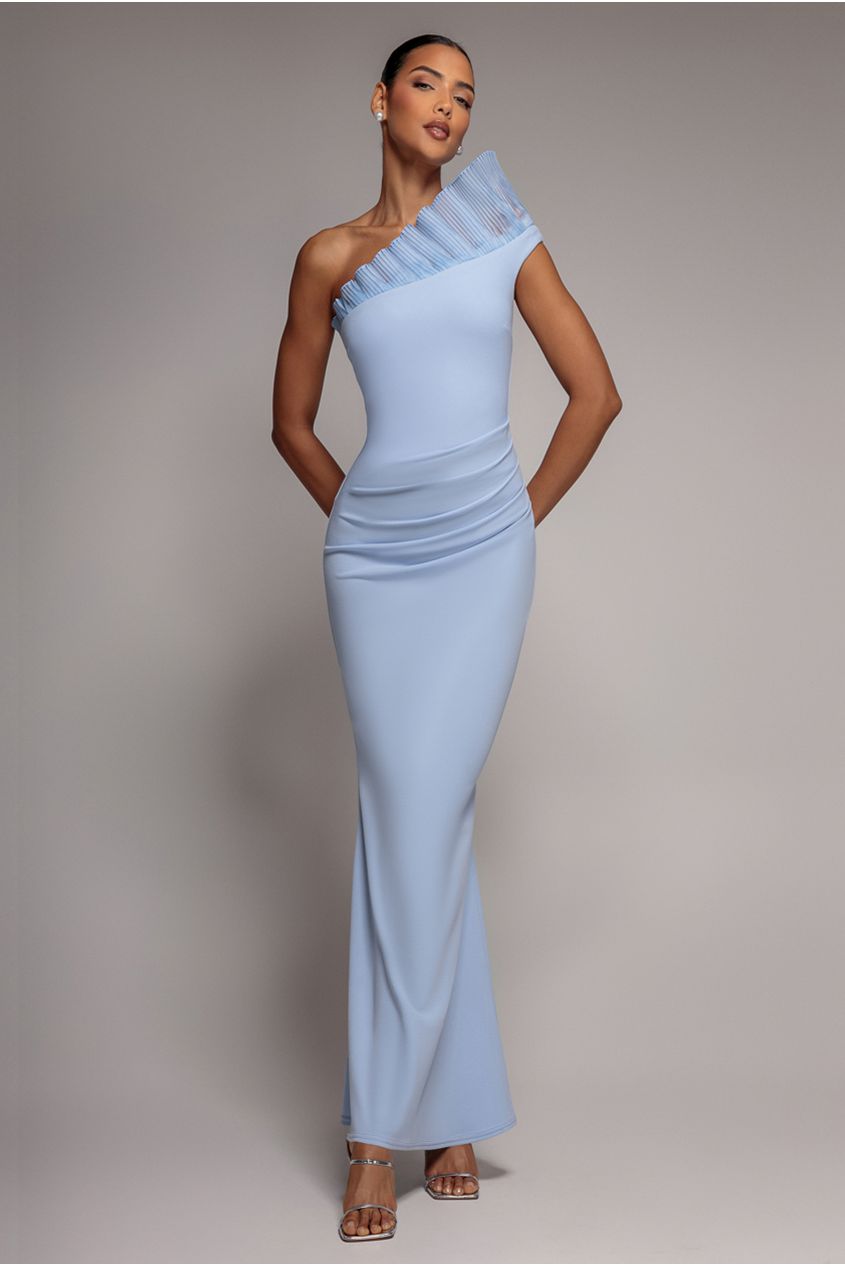 One Shoulder Organza Frill Pleated Mermaid Maxi Dress - Powder Blue DR4858