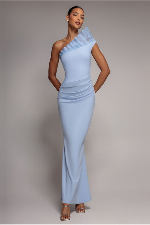 One Shoulder Organza Frill Pleated Mermaid Maxi Dress - Powder Blue by Goddiva