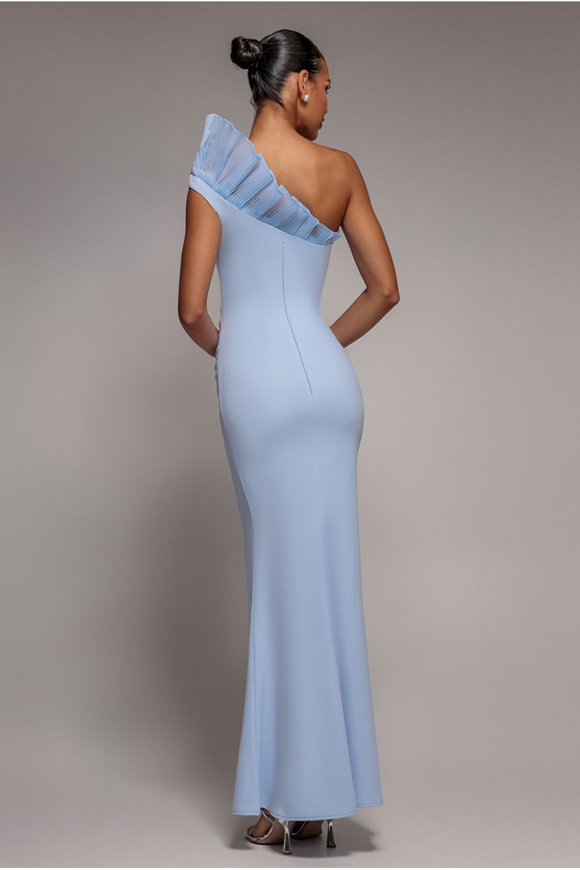 One Shoulder Organza Frill Pleated Mermaid Maxi Dress - Powder Blue DR4858