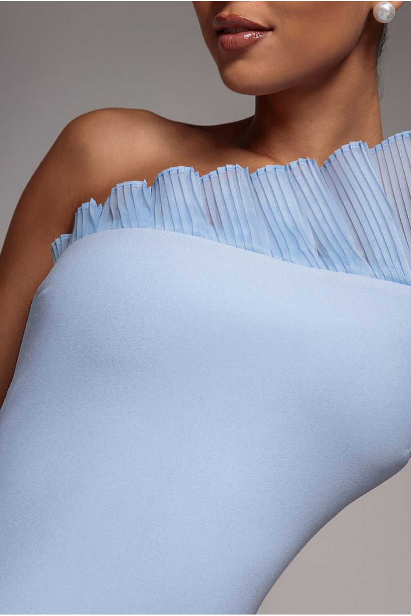 One Shoulder Organza Frill Pleated Mermaid Maxi Dress - Powder Blue DR4858
