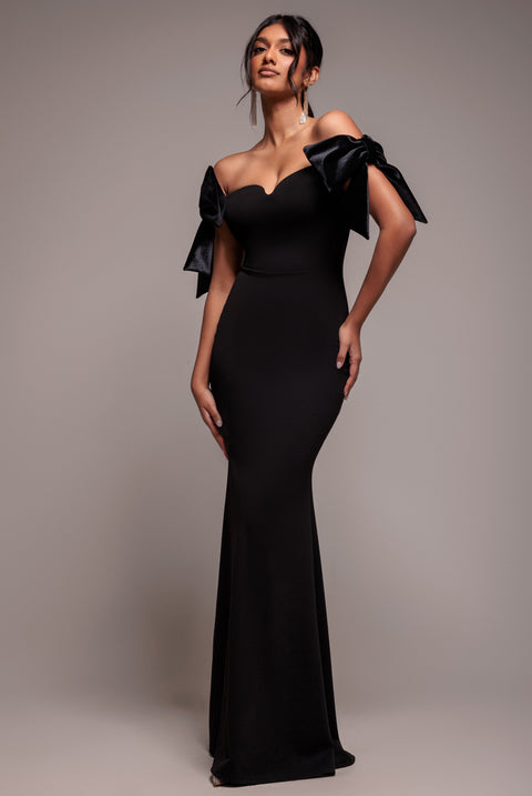 Scuba Off The Shoulder Velvet Bow Maxi Dress - Black by Goddiva