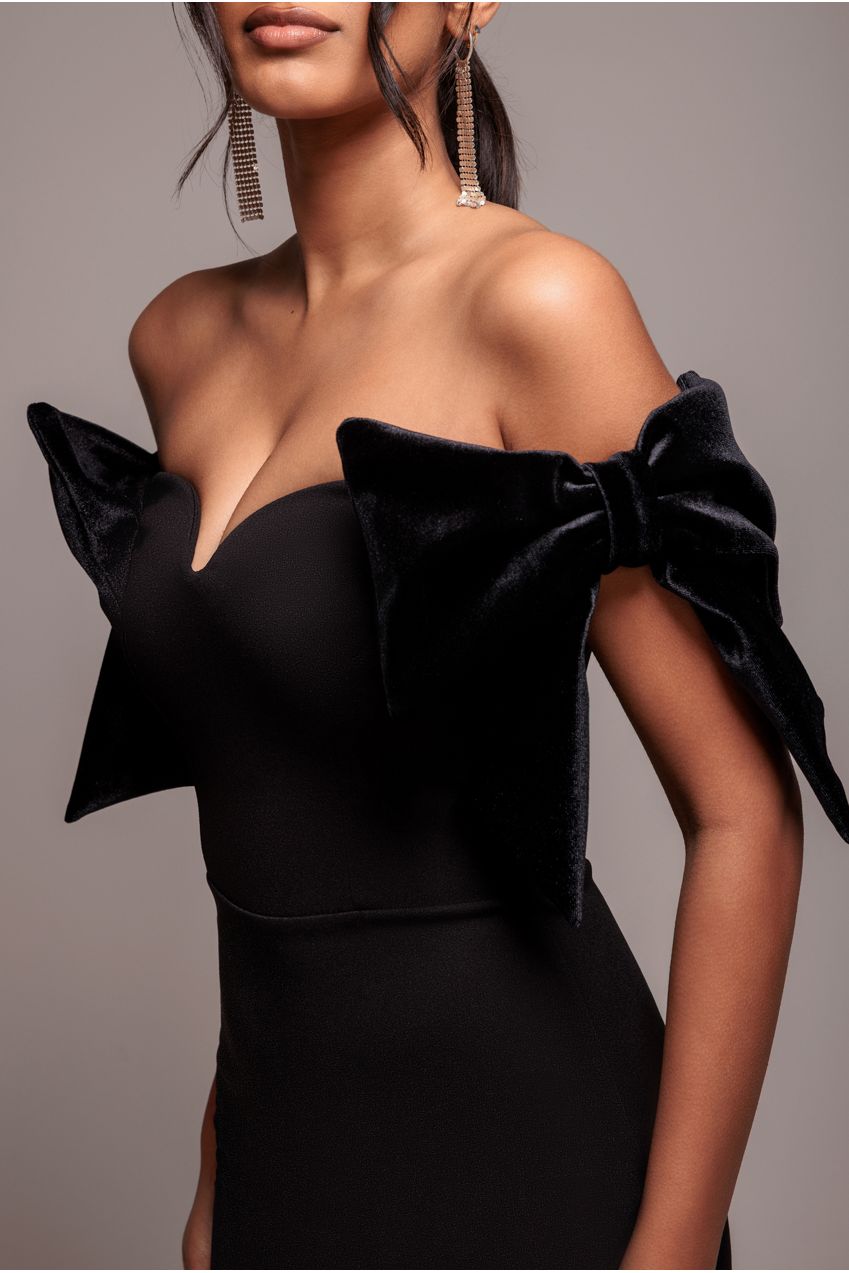 Scuba Off The Shoulder Velvet Bow Maxi Dress - Black DR4864