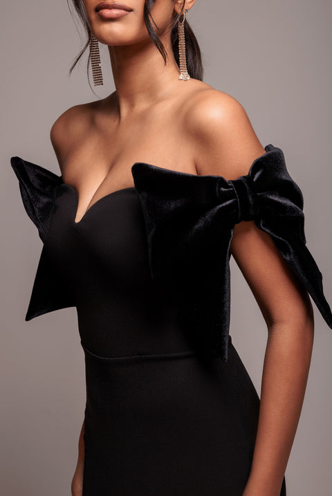 Scuba Off The Shoulder Velvet Bow Maxi Dress - Black by Goddiva