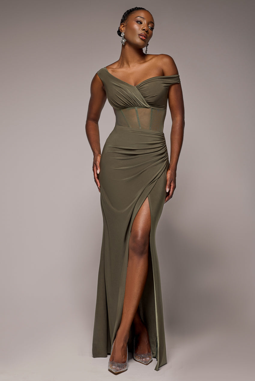 Off The Shoulder Corset Waist Mesh Wrap Skirt Soft Touch Maxi Dress - Khaki Green DR4865