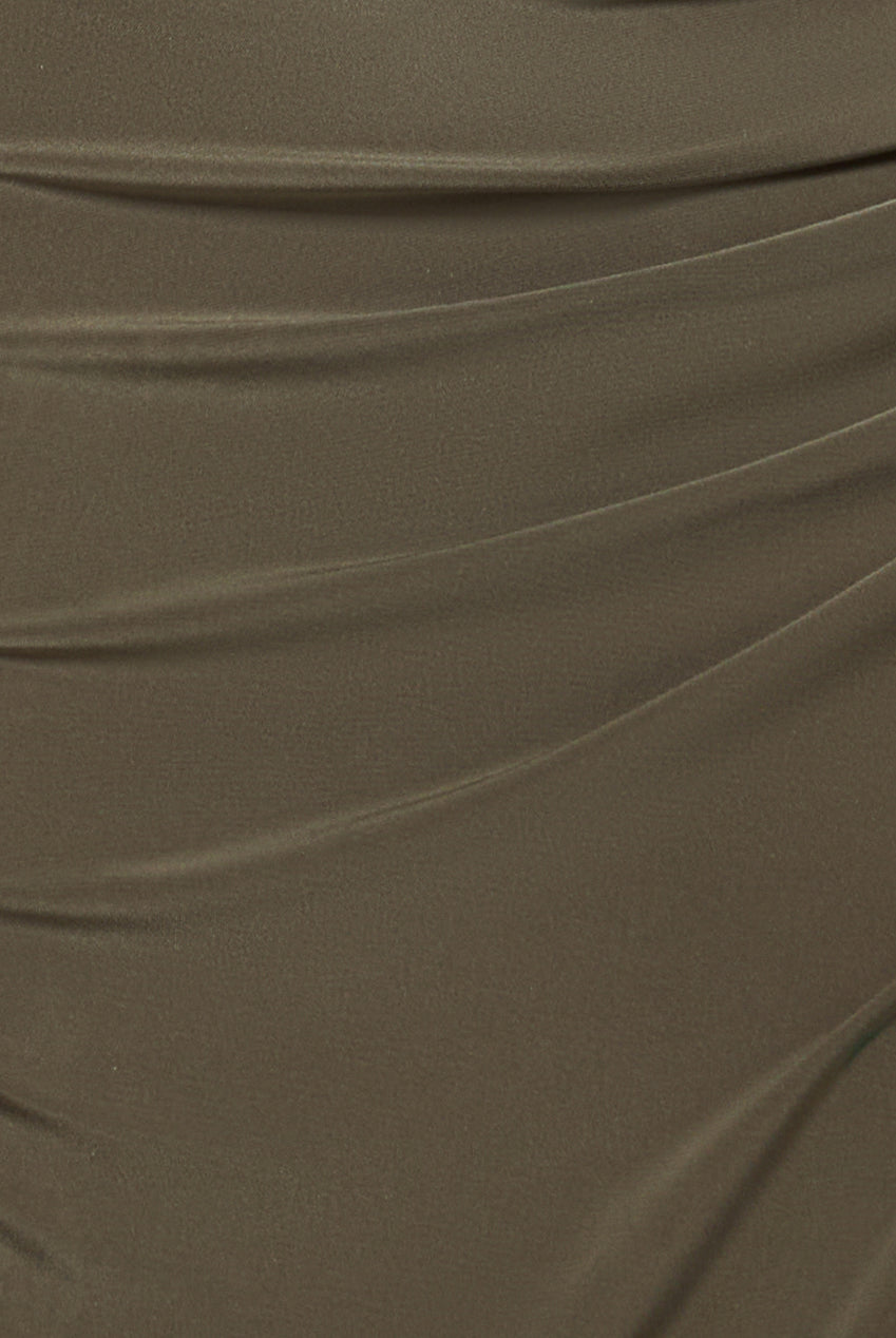 Off The Shoulder Corset Waist Mesh Wrap Skirt Soft Touch Maxi Dress - Khaki Green DR4865