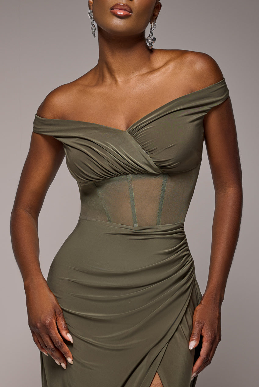 Off The Shoulder Corset Waist Mesh Wrap Skirt Soft Touch Maxi Dress - Khaki Green DR4865