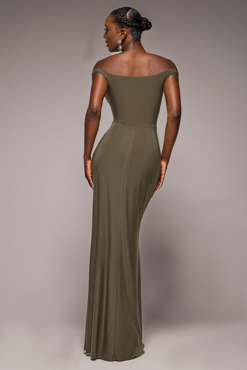 Off The Shoulder Corset Waist Mesh Wrap Skirt Soft Touch Maxi Dress - Khaki Green DR4865